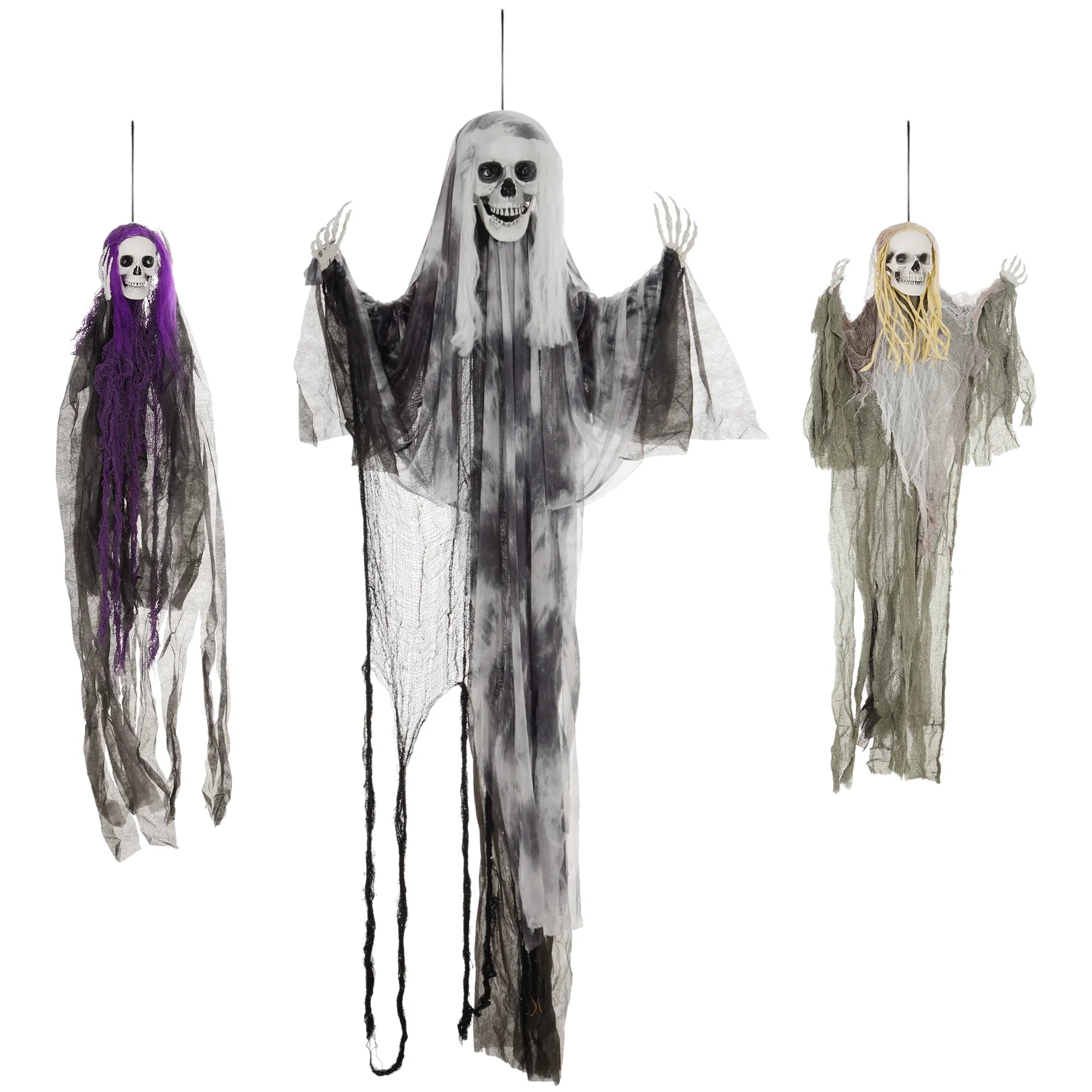 Pakabinamų skeletų-vaiduoklių rinkinys, 3 vnt., helovino dekoracija, 90/110/200 cm