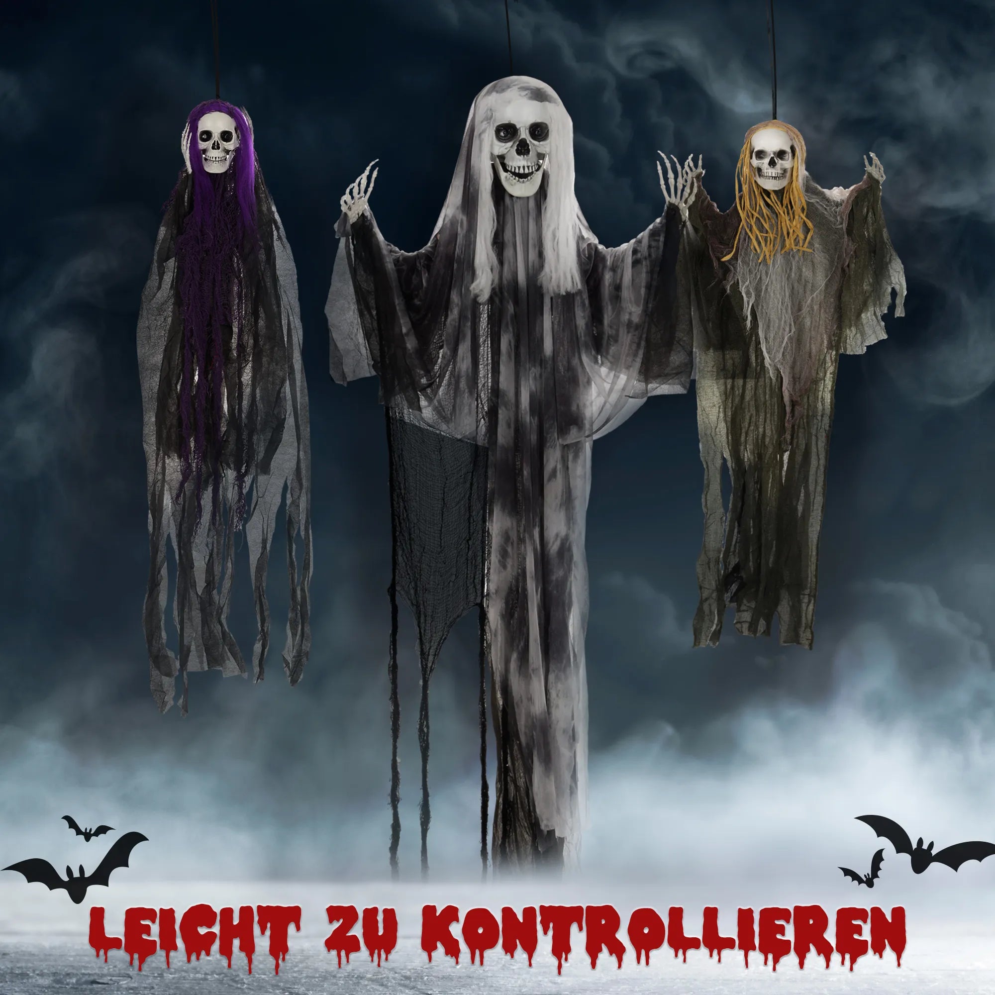 Pakabinamų skeletų-vaiduoklių rinkinys, 3 vnt., helovino dekoracija, 90/110/200 cm
