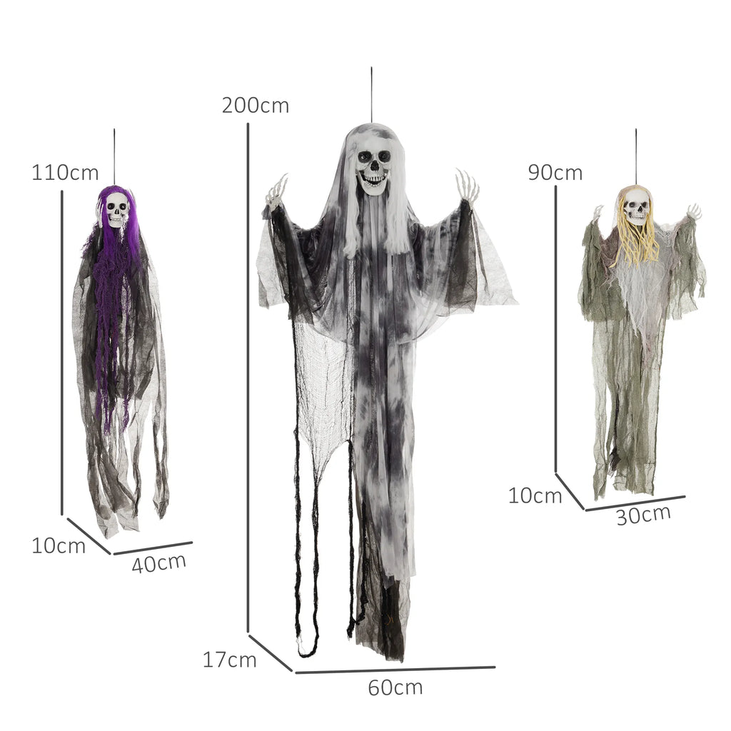 Pakabinamų skeletų-vaiduoklių rinkinys, 3 vnt., helovino dekoracija, 90/110/200 cm