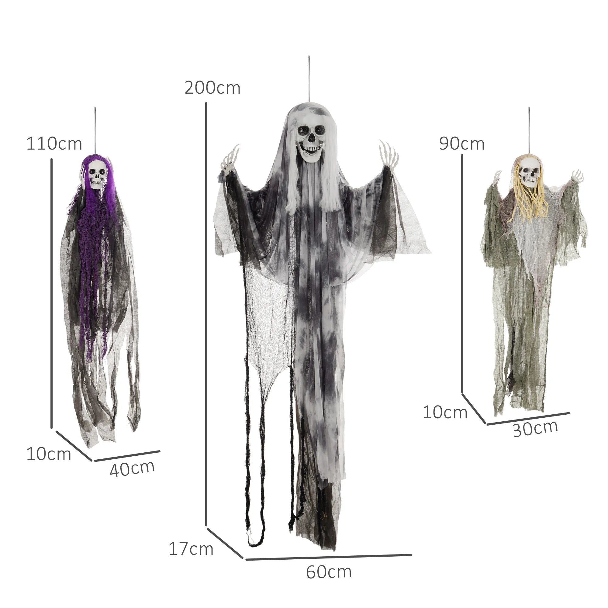 Pakabinamų skeletų-vaiduoklių rinkinys, 3 vnt., helovino dekoracija, 90/110/200 cm
