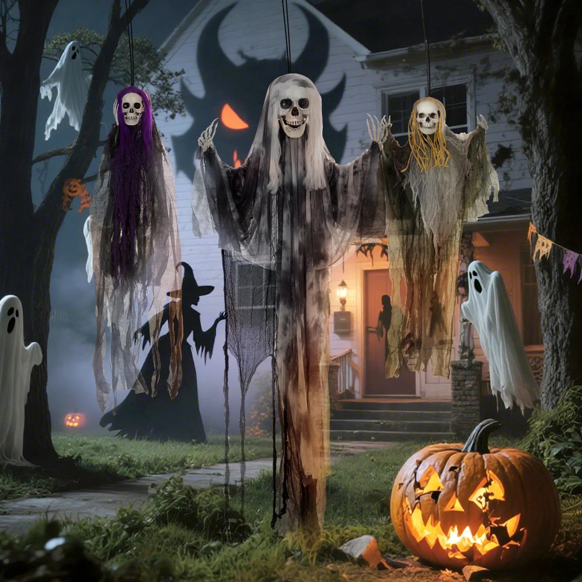 Pakabinamų skeletų-vaiduoklių rinkinys, 3 vnt., helovino dekoracija, 90/110/200 cm