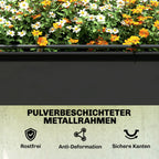 Juodo metalinio rėmo pakelta lysvė su baltomis ir oranžinėmis gėlėmis
