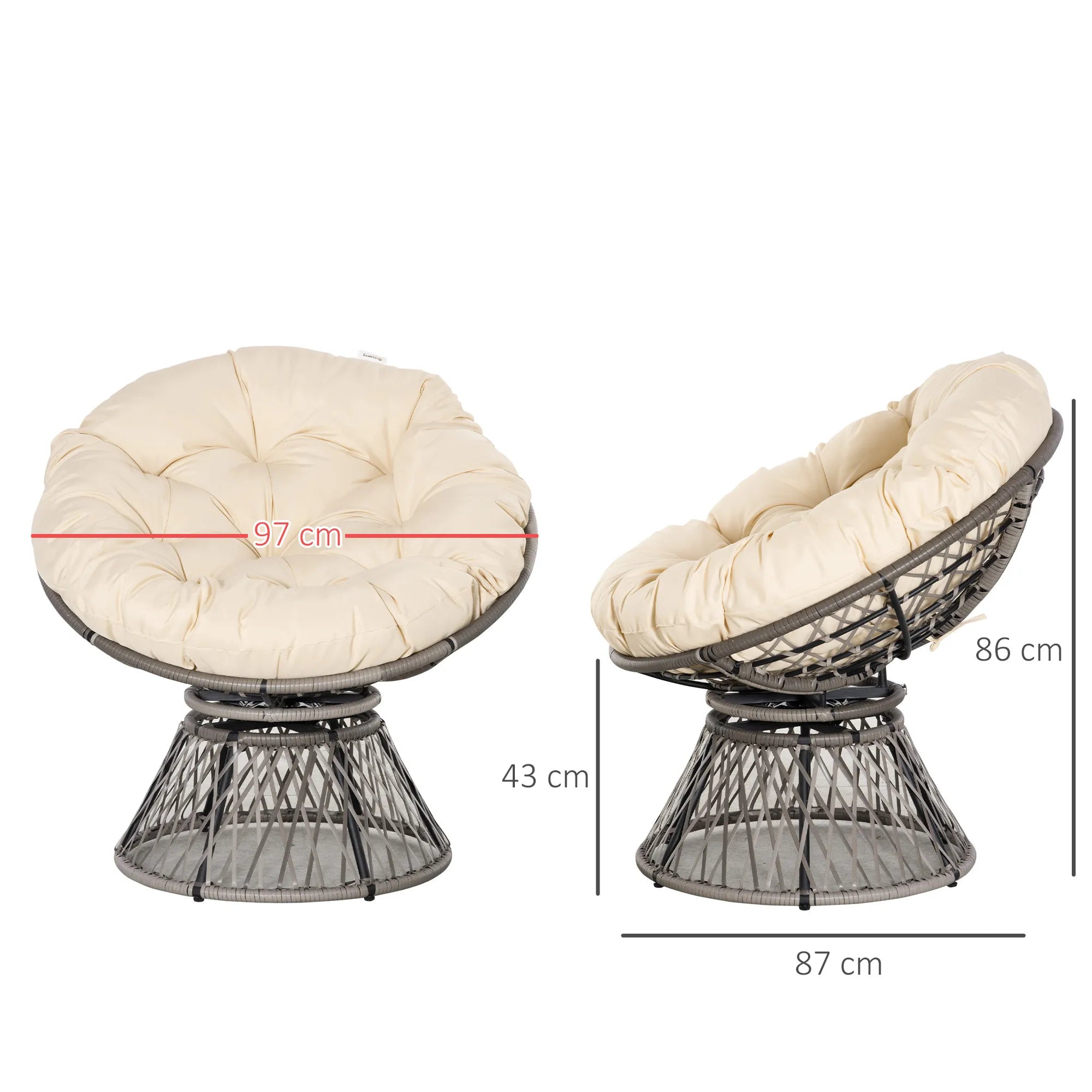Papasan kėdė, pinti krėslai, sėdimoji pagalvėlė, dirbtinis rotangas, sukiojama, metalinis rėmas, 87 x 97 x 86 cm, smėlio spalvos