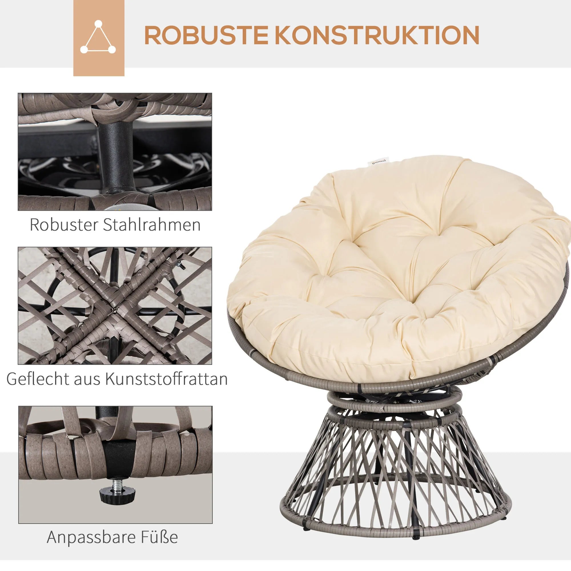 Papasan kėdė, pinti krėslai, sėdimoji pagalvėlė, dirbtinis rotangas, sukiojama, metalinis rėmas, 87 x 97 x 86 cm, smėlio spalvos