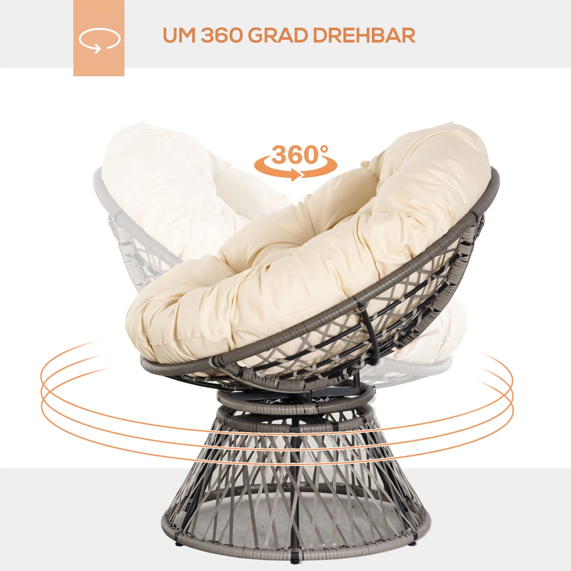 Papasan kėdė, pinti krėslai, sėdimoji pagalvėlė, dirbtinis rotangas, sukiojama, metalinis rėmas, 87 x 97 x 86 cm, smėlio spalvos