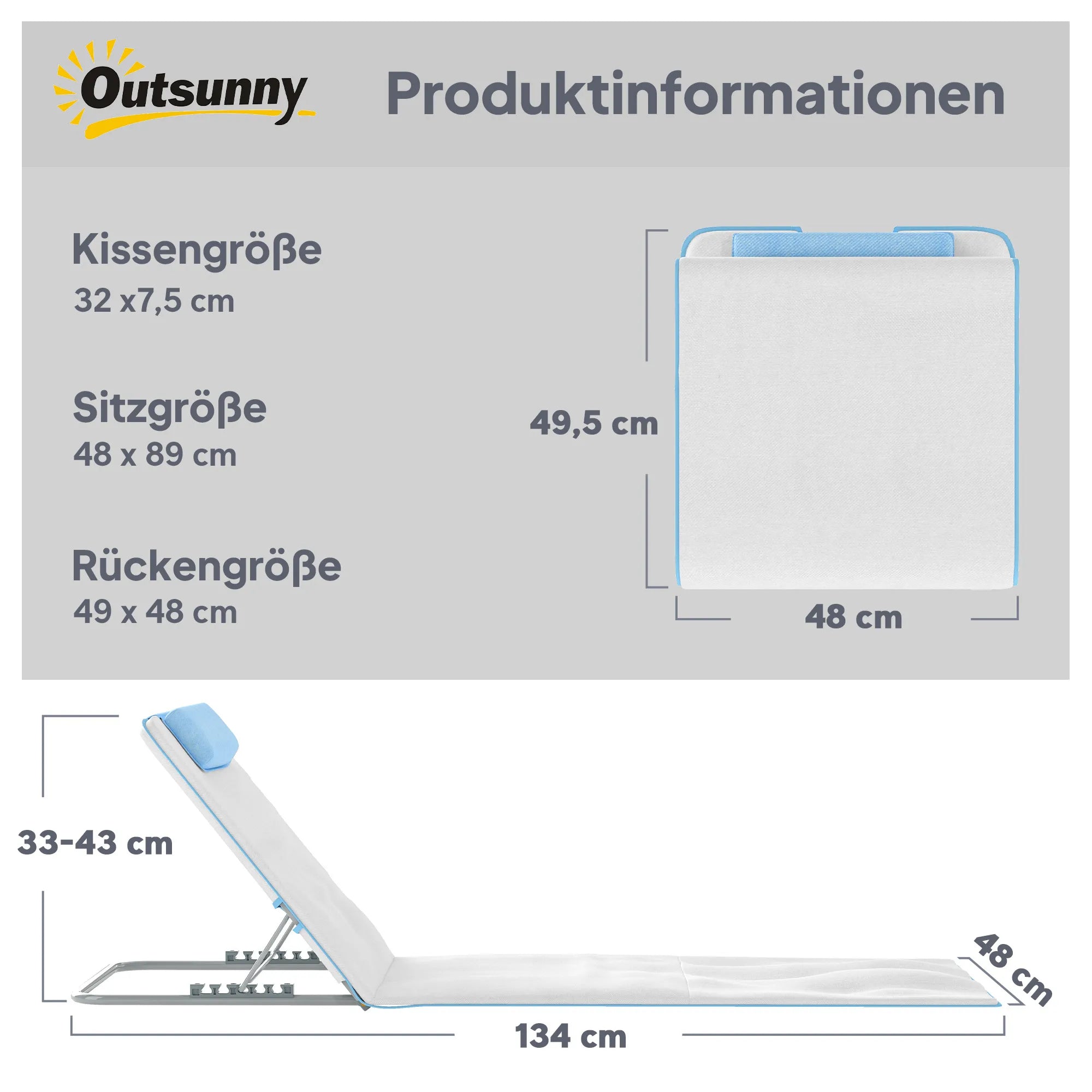 Gulto matmenų schema: pagalvėlė 32x7,5 cm, sėdimoji dalis 48x89 cm, atlošas 49x48 cm, ilgis 134 cm