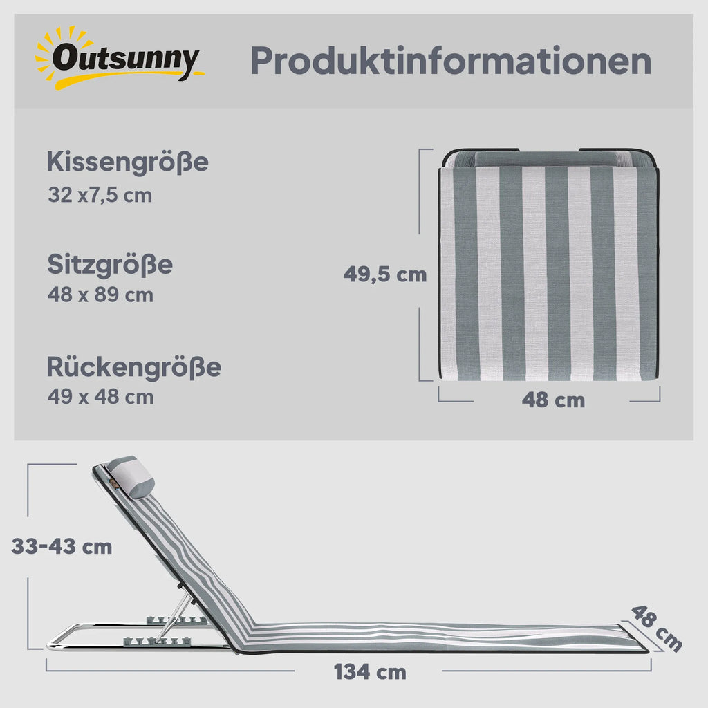 Techninė schema su gulto matmenimis: ilgis 134 cm, plotis 48 cm, atlošo aukštis 33-43 cm.
