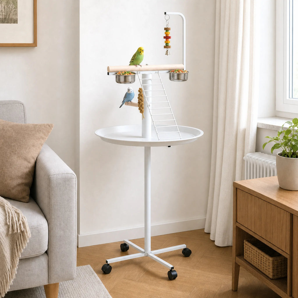 Papūgų stovas su lesyklėlėmis, sūpynėmis ir kopėčiomis, 138 cm, baltas