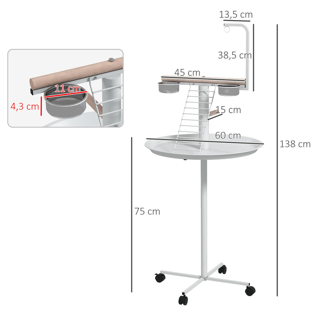 Papūgų stovas su lesyklėlėmis, sūpynėmis ir kopėčiomis, 138 cm, baltas