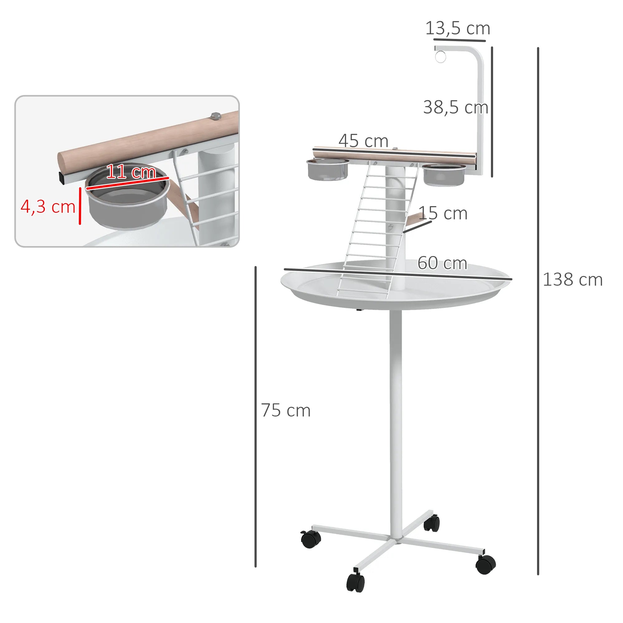 Papūgų stovas su lesyklėlėmis, sūpynėmis ir kopėčiomis, 138 cm, baltas