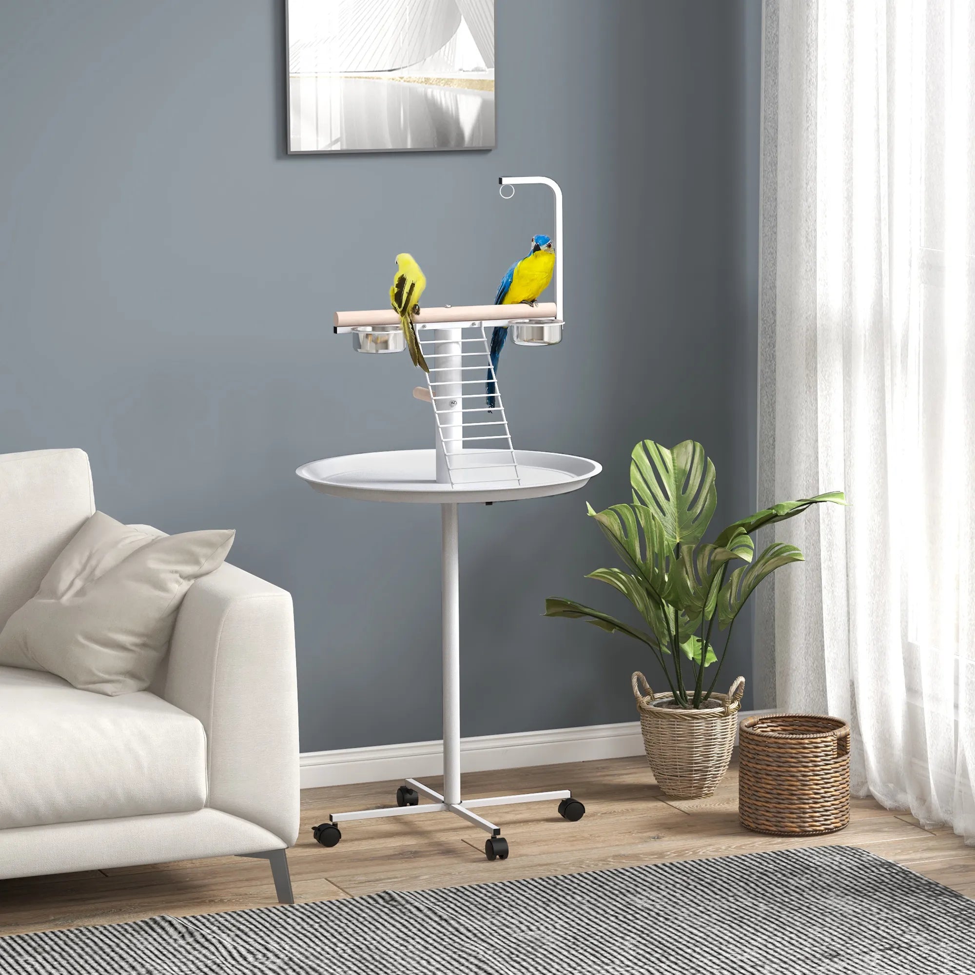 Papūgų stovas su lesyklėlėmis, sūpynėmis ir kopėčiomis, 138 cm, baltas