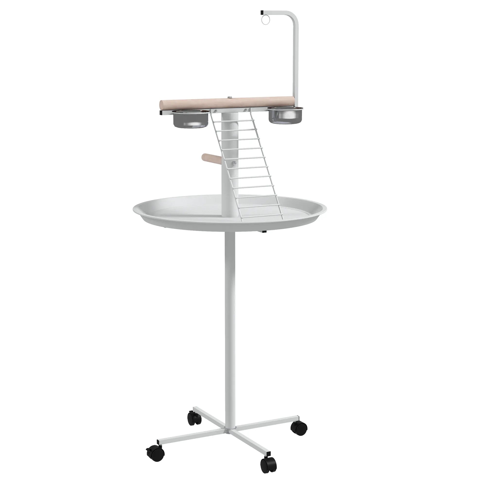 Papūgų stovas su lesyklėlėmis, sūpynėmis ir kopėčiomis, 138 cm, baltas