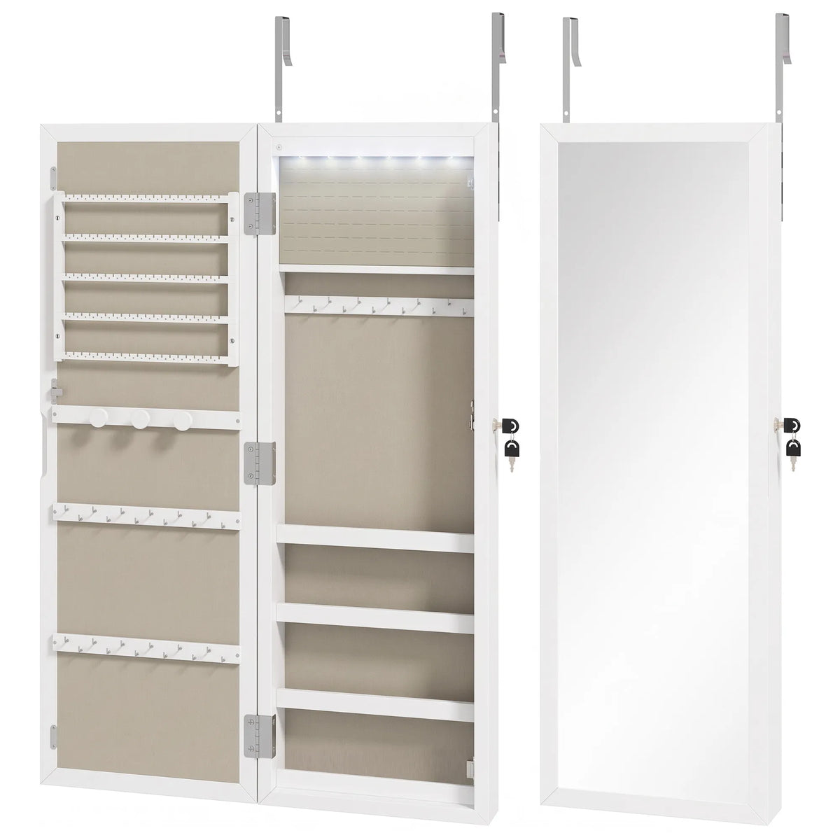Papuošalų spintelė su LED apšvietimu ir viso ūgio veidrodžiu, 106,7 cm, balta