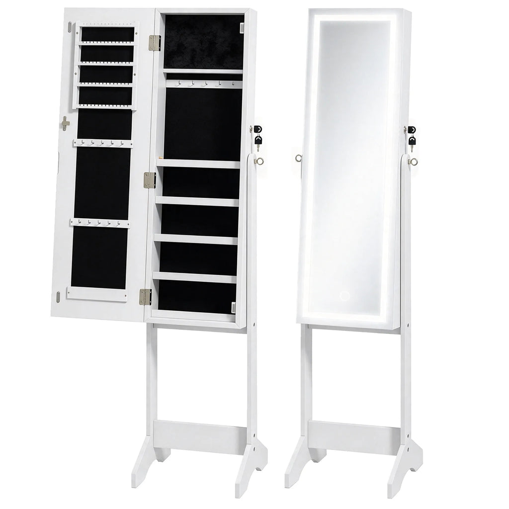 Papuošalų spintelė su viso ūgio veidrodžiu ir LED apšvietimu, 149 cm, balta
