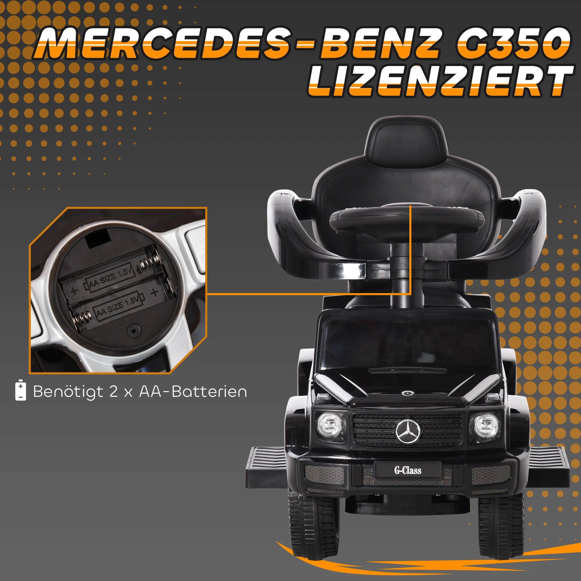 Paspirtukas automobilis Mercedes-Benz G350 su stūmimo rankena, 3-in-1, juodas, iki 25 kg