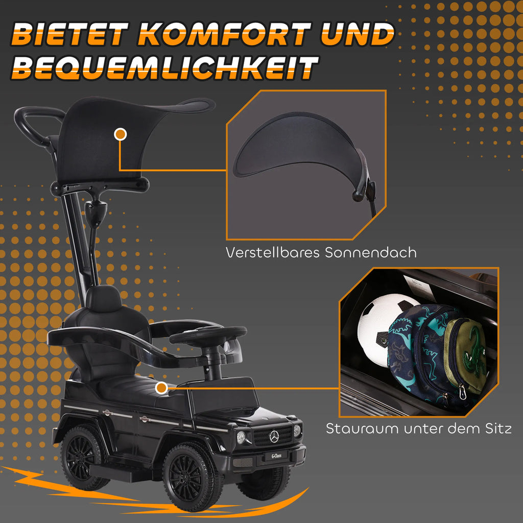 Paspirtukas automobilis Mercedes-Benz G350 su stūmimo rankena, 3-in-1, juodas, iki 25 kg