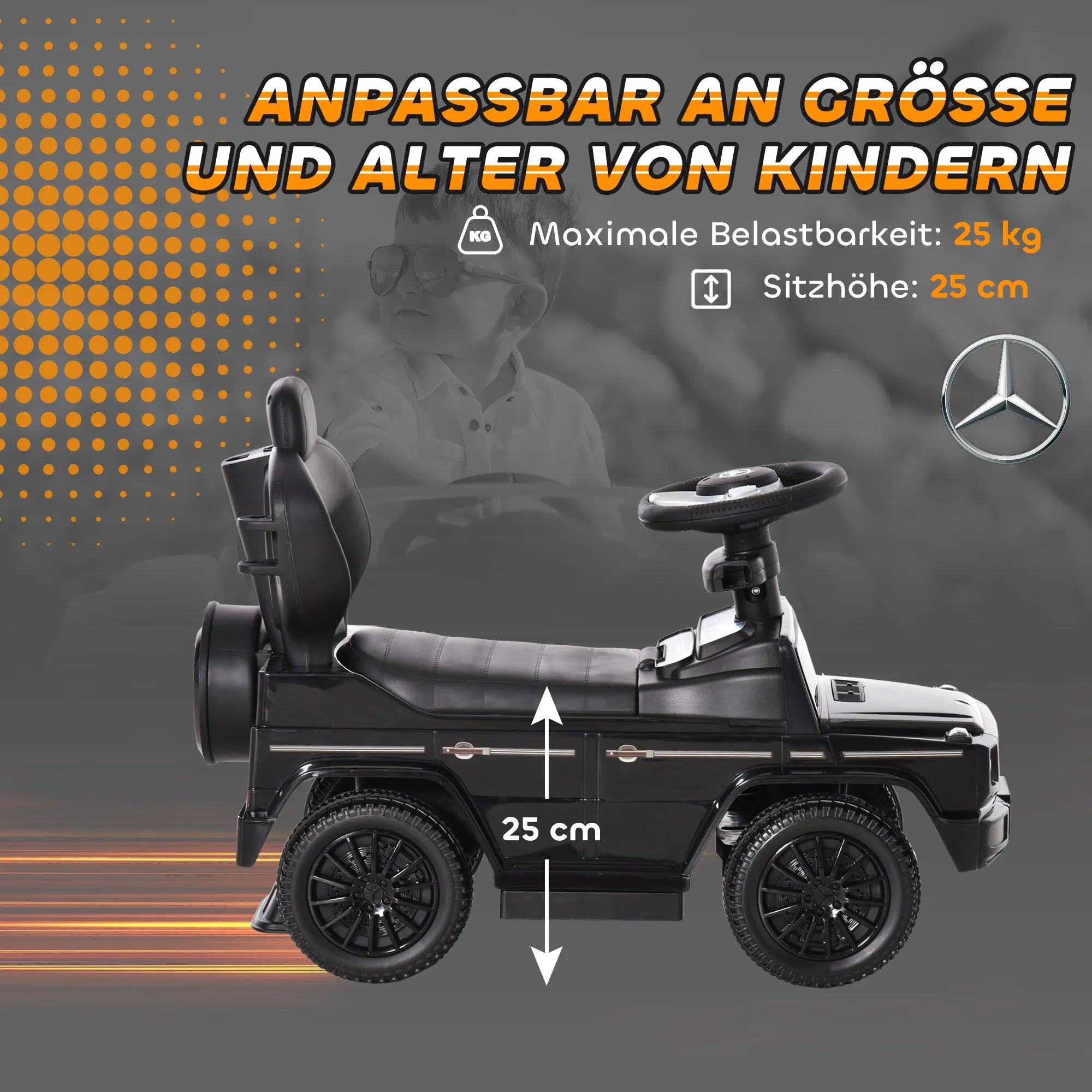 Paspirtukas automobilis Mercedes-Benz G350 su stūmimo rankena, 3-in-1, juodas, iki 25 kg