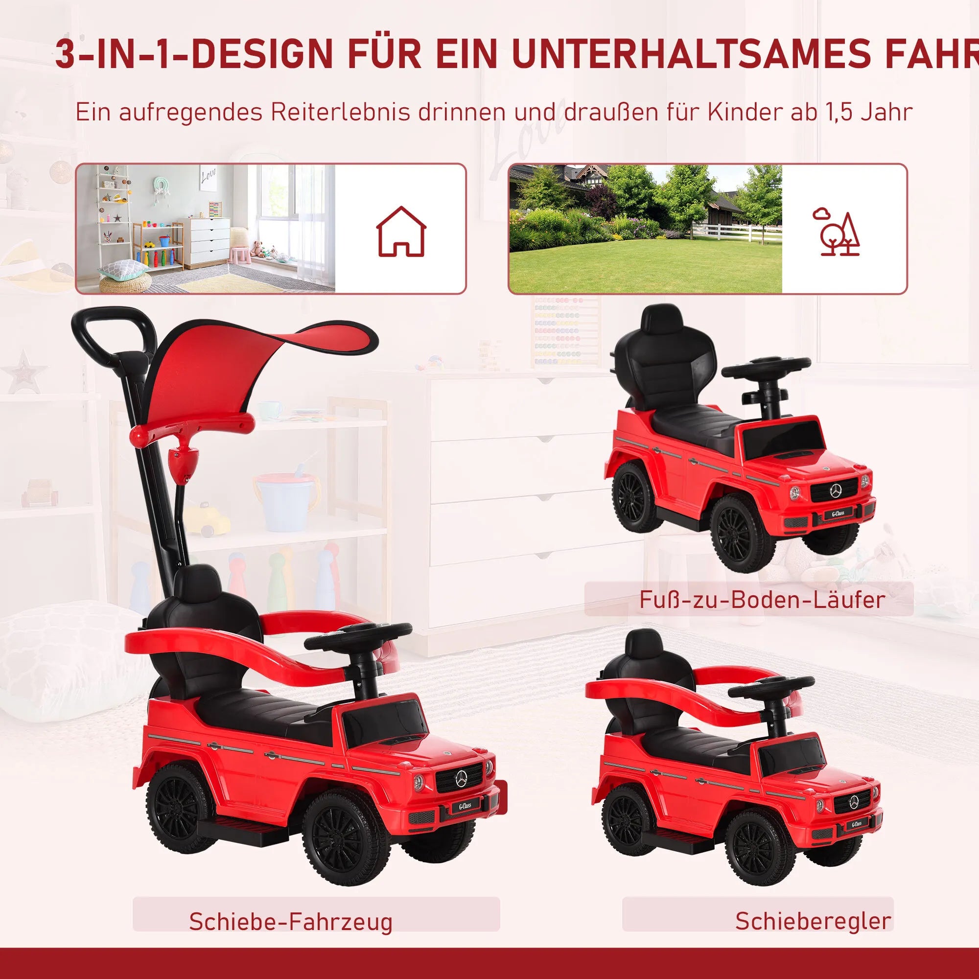 Paspirtukas Mercedes-Benz G350 su stūmimo rankena 3-in-1, iki 25 kg, raudonas