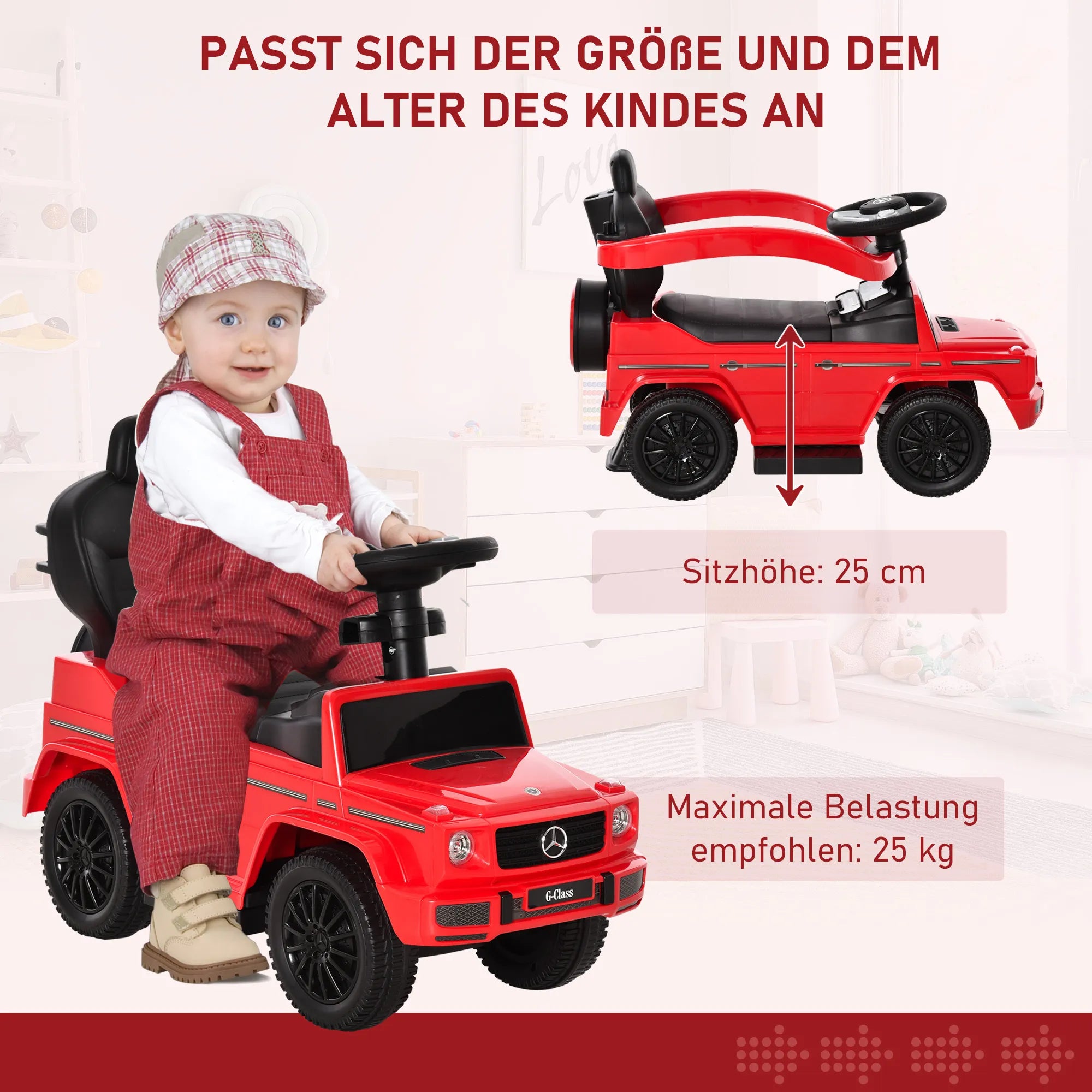 Paspirtukas Mercedes-Benz G350 su stūmimo rankena 3-in-1, iki 25 kg, raudonas