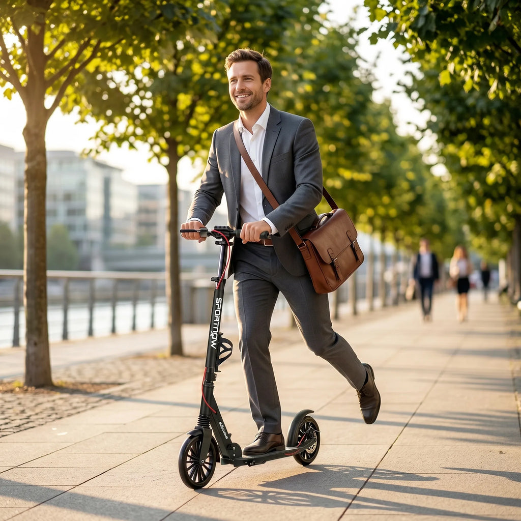 Vyras su kostiumu ir portfeliu važiuoja paspirtuku pakrantės promenadoje