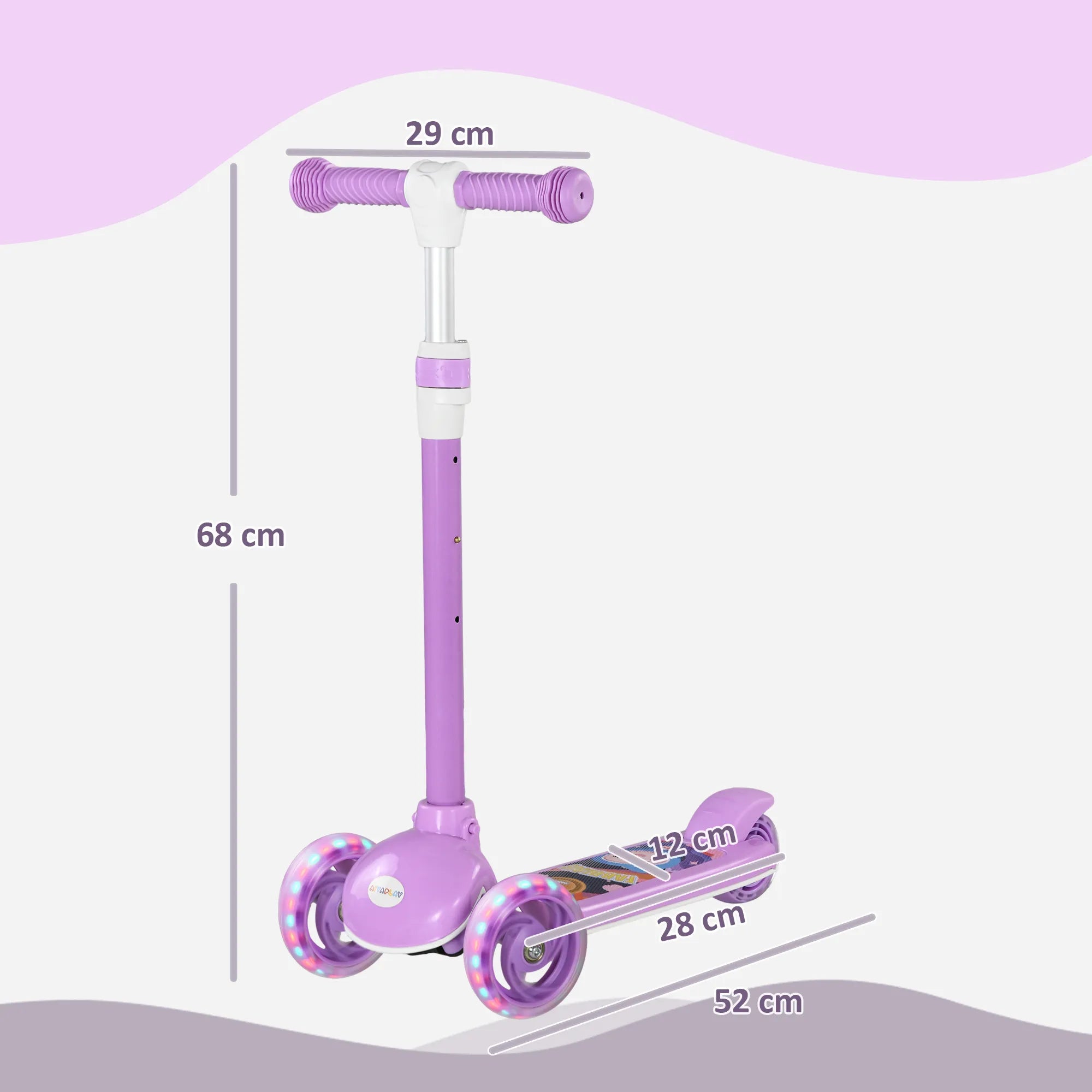 Paspirtukas vaikams nuo 2 iki 6 metų, su šviečiančiais ratukais, violetinis