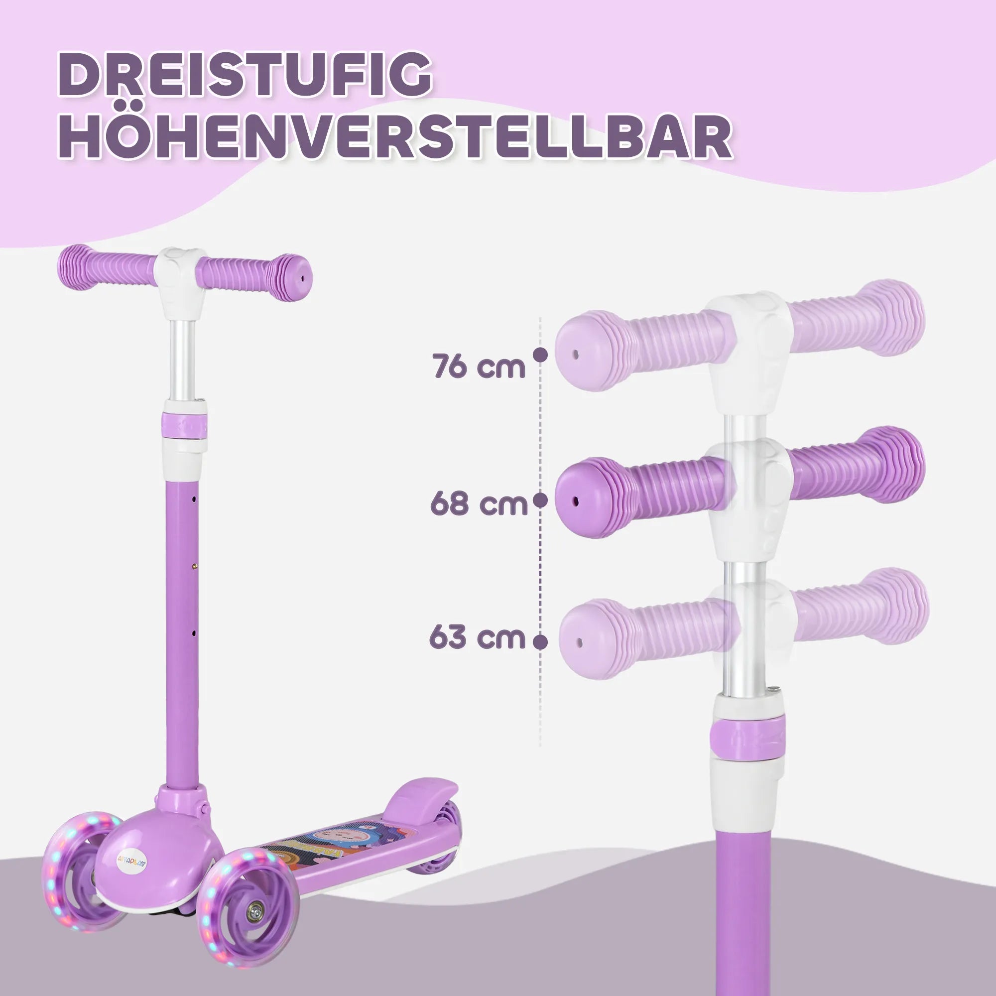 Paspirtukas vaikams nuo 2 iki 6 metų, su šviečiančiais ratukais, violetinis
