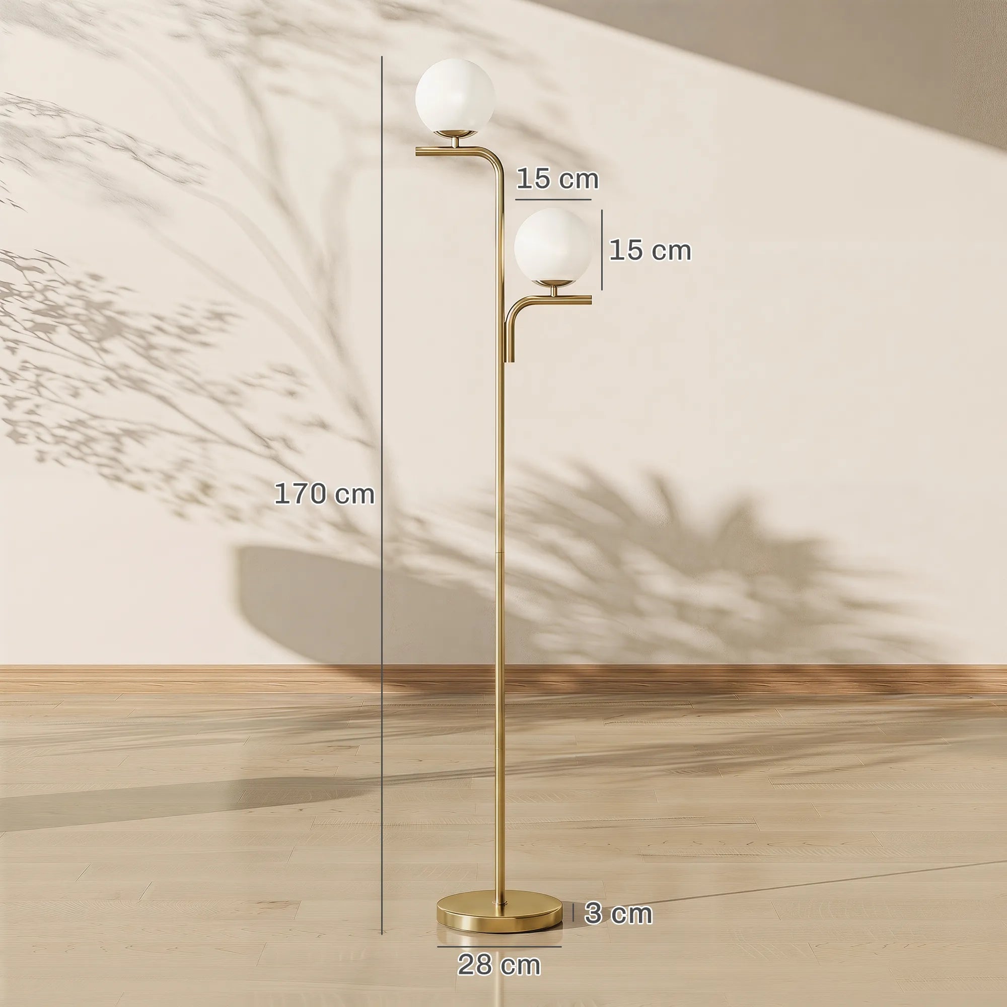 Lempos matmenų schema: 170 cm aukštis, gaubtų atstumas po 15 cm