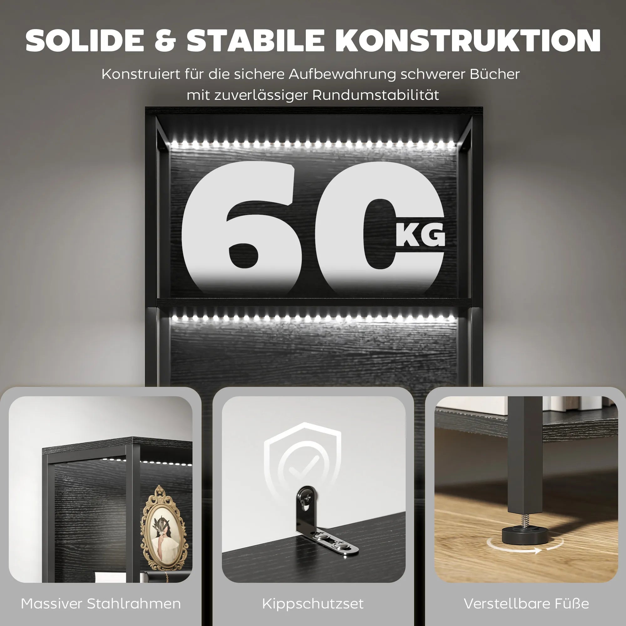 Pastatoma lentyna su LED apšvietimu, 5 lentynomis, juoda