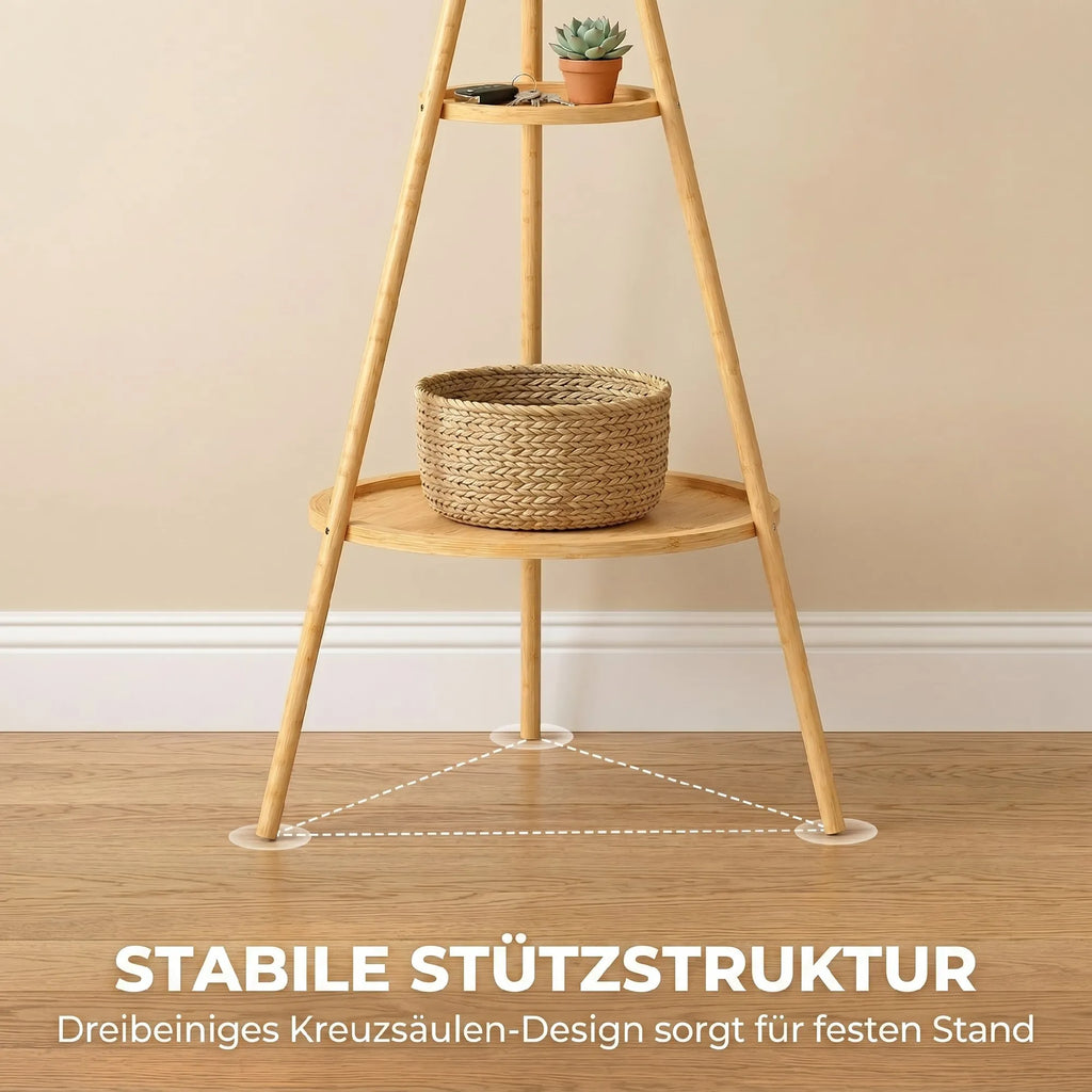 Pastatoma rūbų kabykla su 9 kabliukais ir 2 lentynomis, natūrali