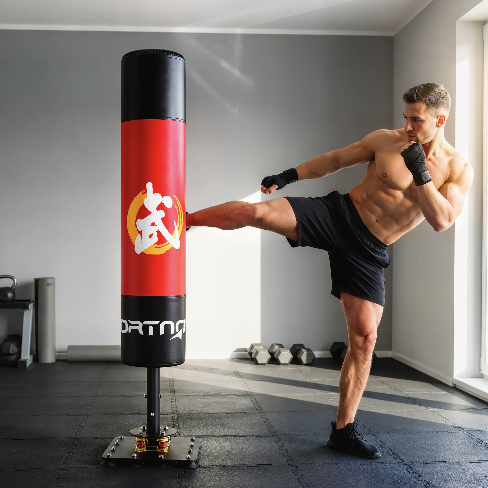 Vyras sporto salėje spiria raudoną bokso maišą