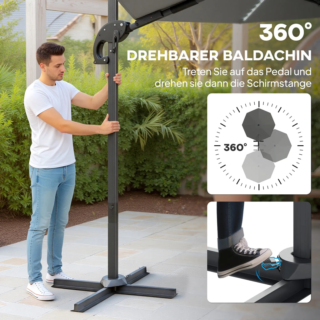 Pastatomas skėtis Uniprodo 360 cm, reguliuojamas, su LED apšvietimu, tamsiai pilkas