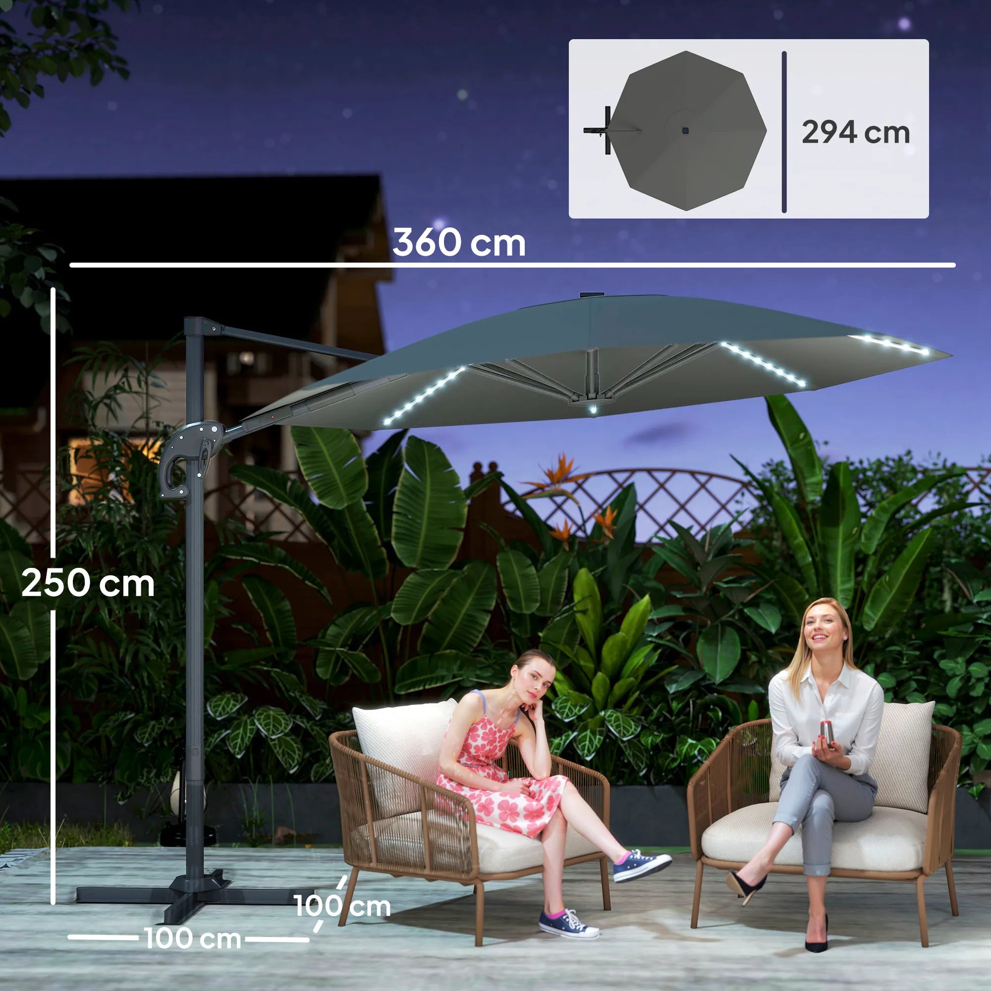 Pastatomas skėtis Uniprodo 360 cm, reguliuojamas, su LED apšvietimu, tamsiai pilkas