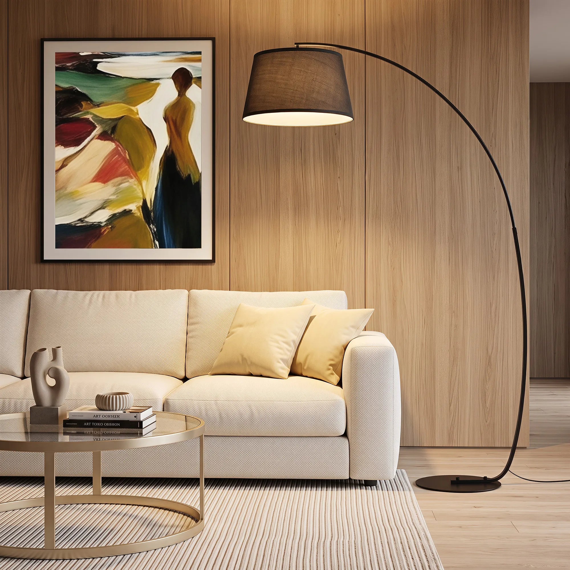 Pastatomas šviestuvas, lenktas toršeras su medžiaginiu gaubtu, 105 x 47 x 190 cm, juodas