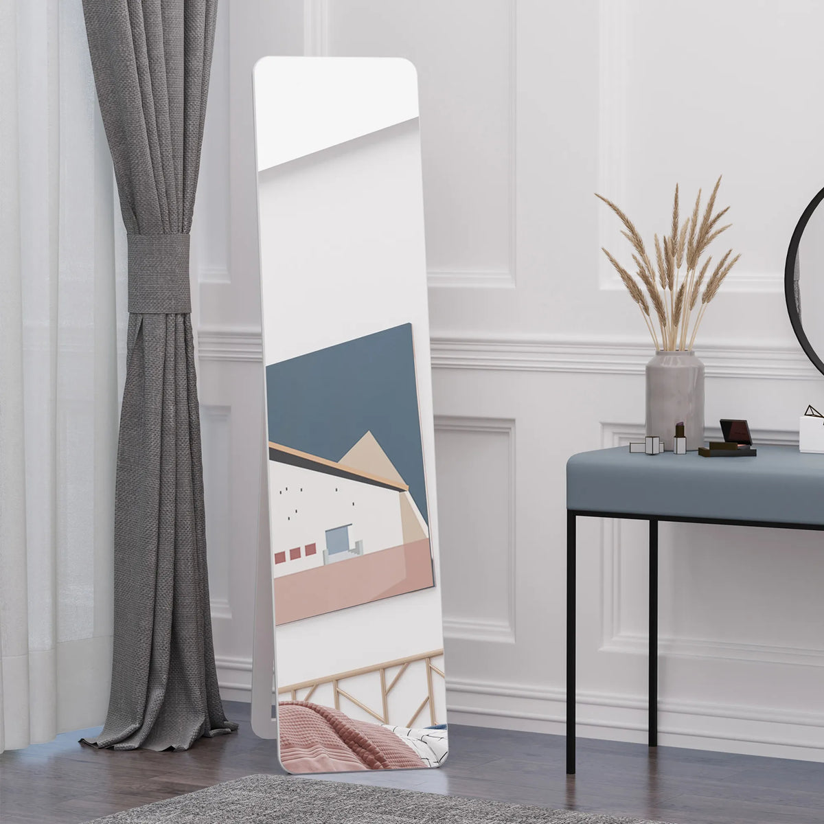 Pastatomas veidrodis su atlenkiamu rėmu, 37 × 156 cm, baltas