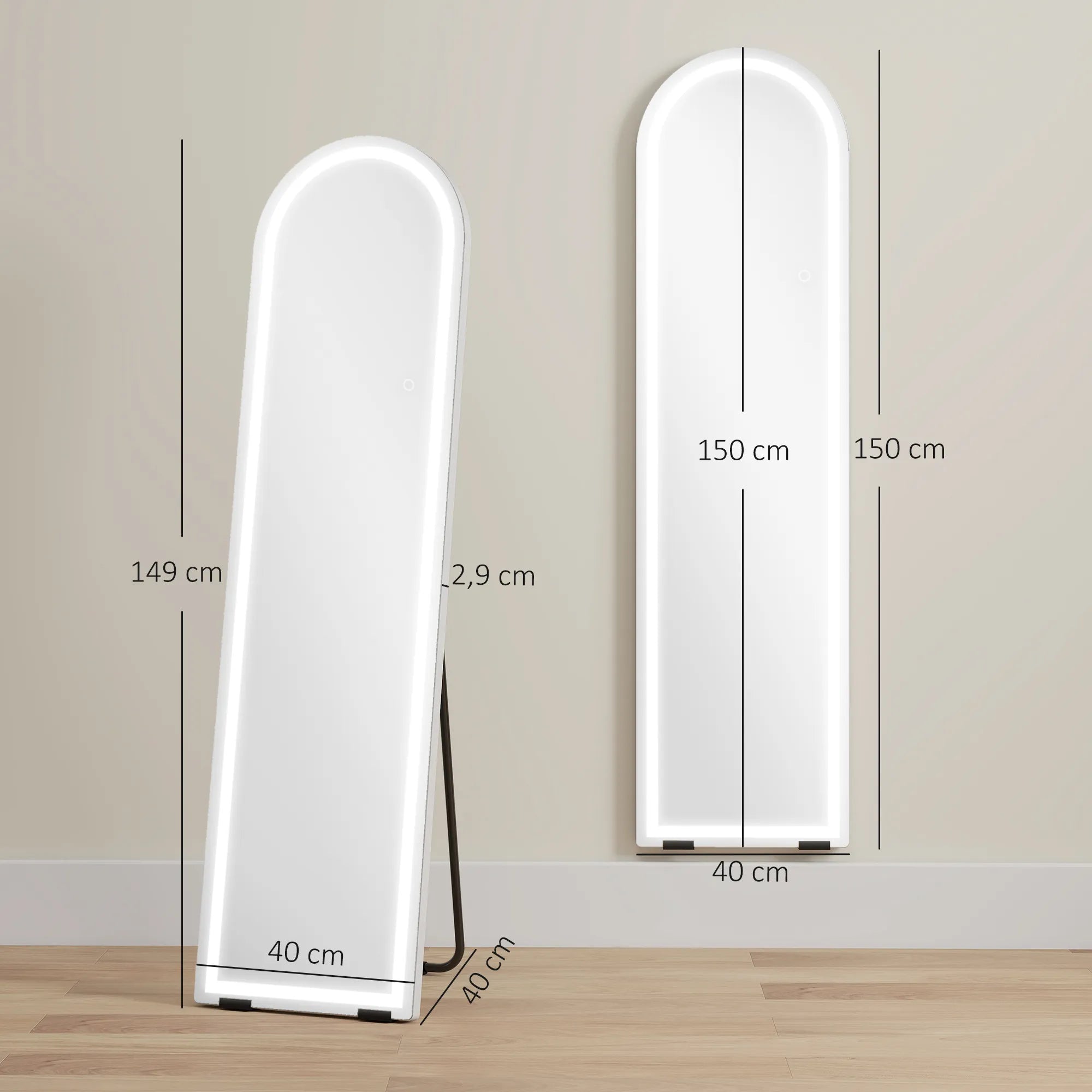 Pastatomas veidrodis su LED apšvietimu, 150 x 40 cm, baltas