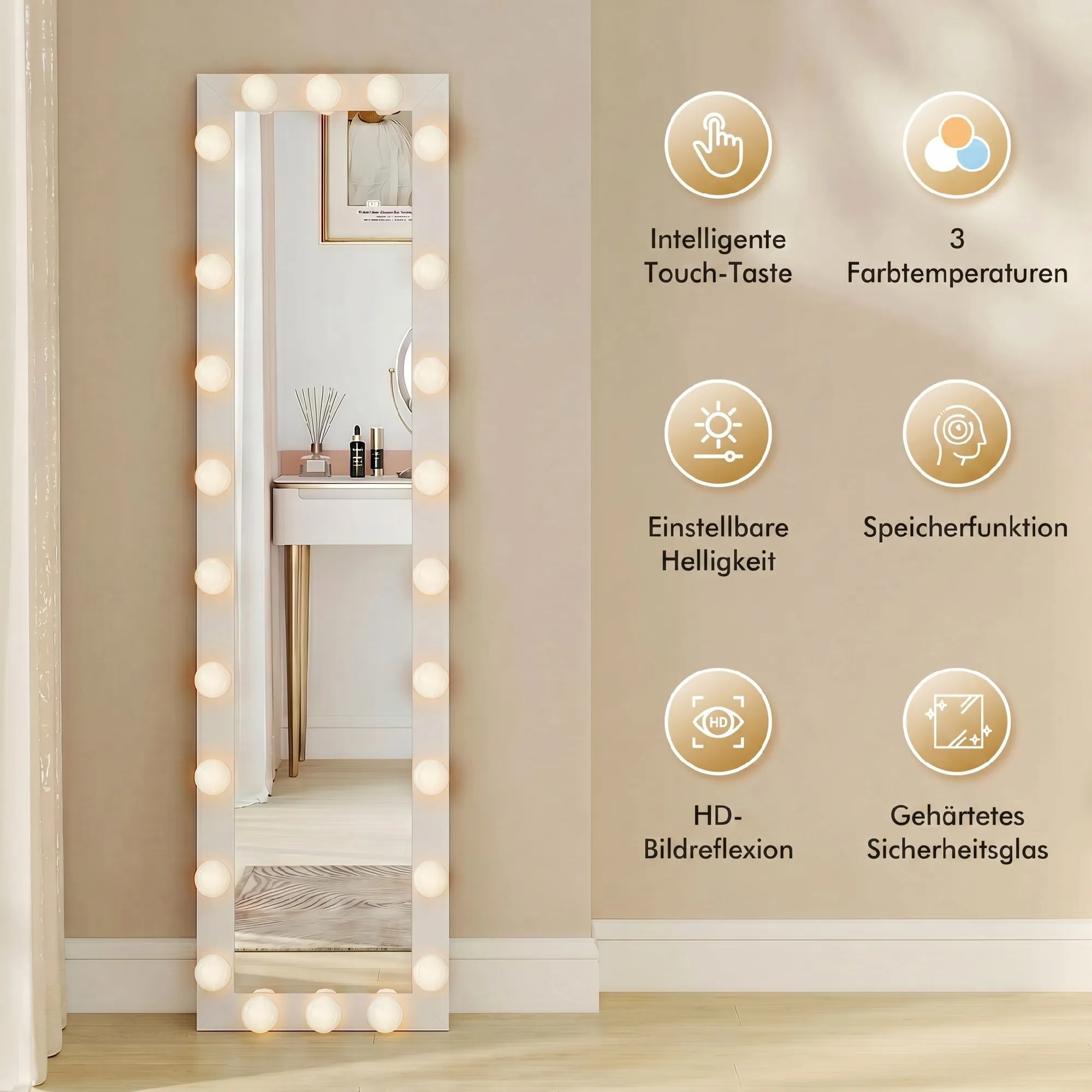 Pastatomas veidrodis su LED apšvietimu 150x40 cm, baltas