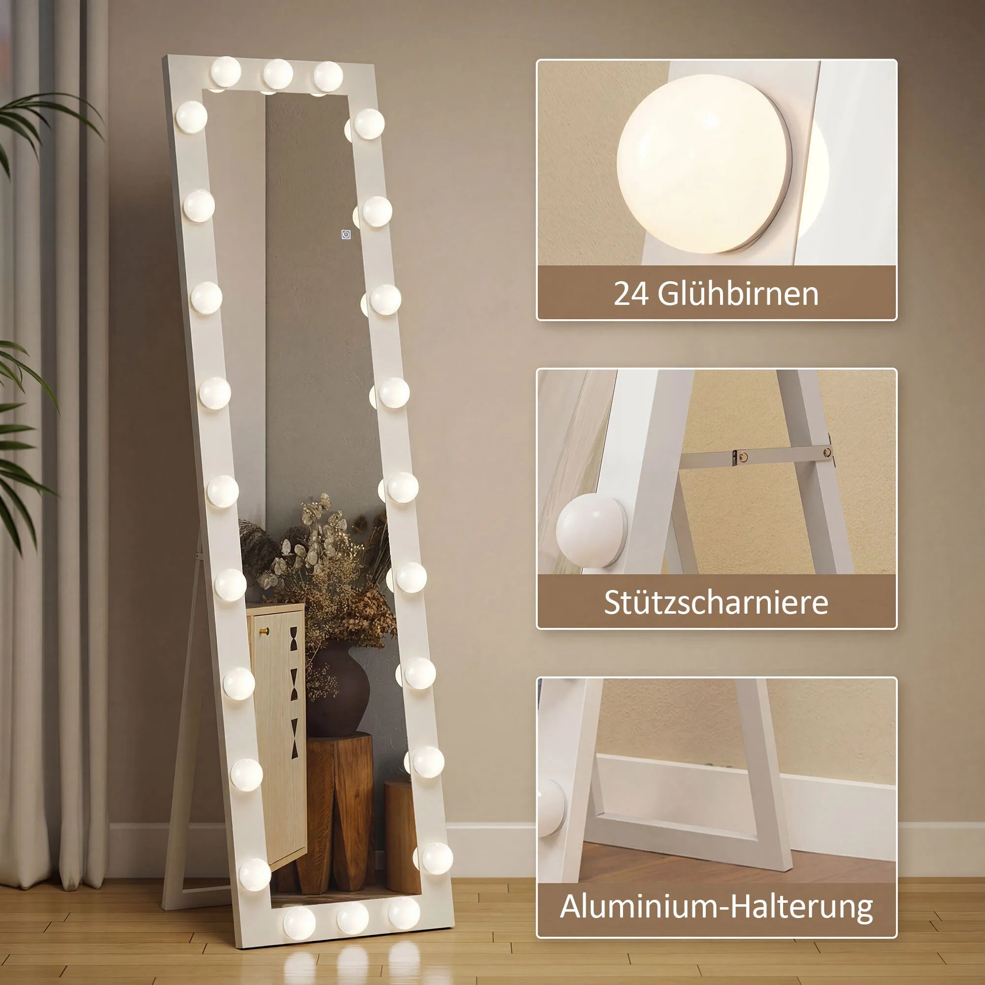 Pastatomas veidrodis su LED apšvietimu 150x40 cm, baltas