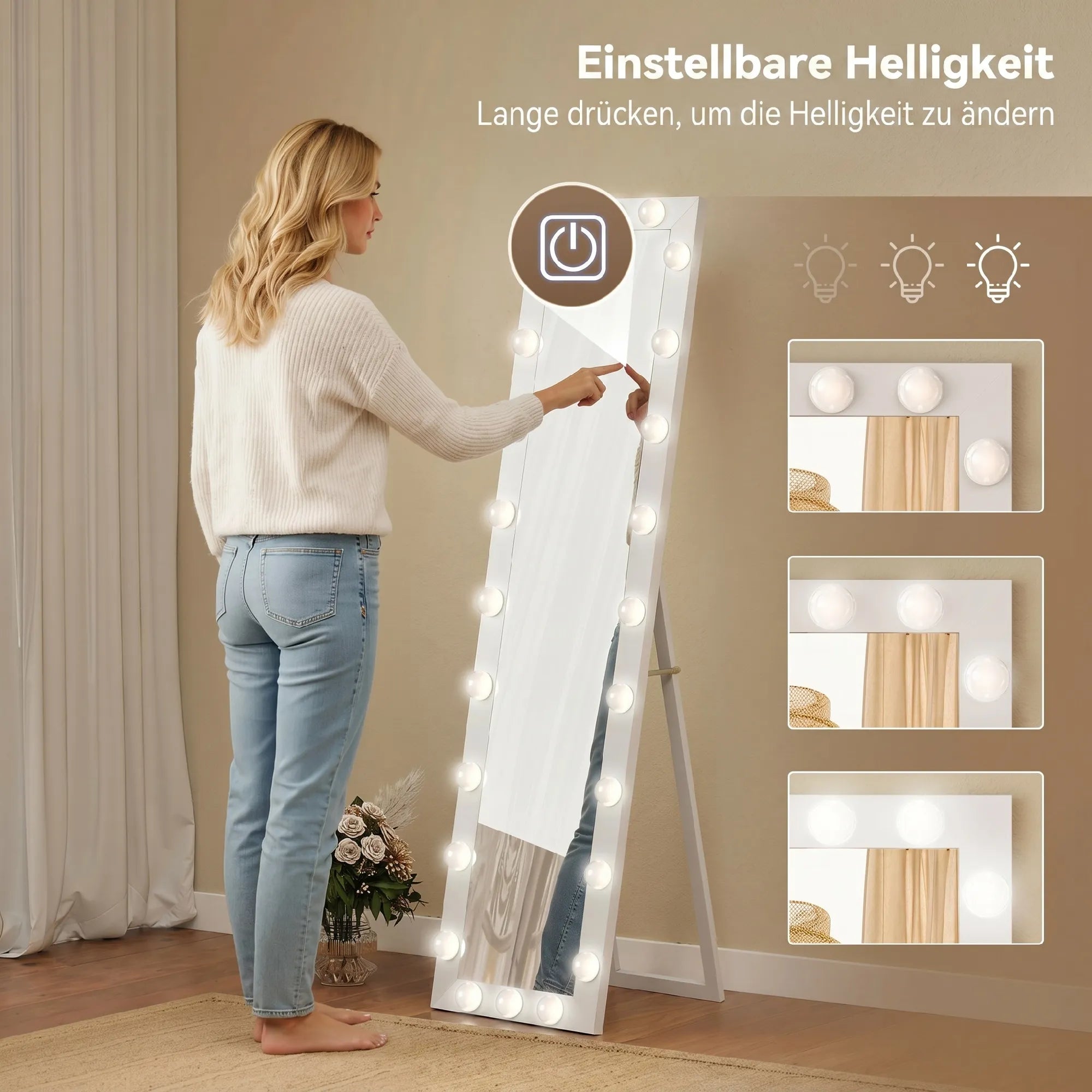 Pastatomas veidrodis su LED apšvietimu 150x40 cm, baltas
