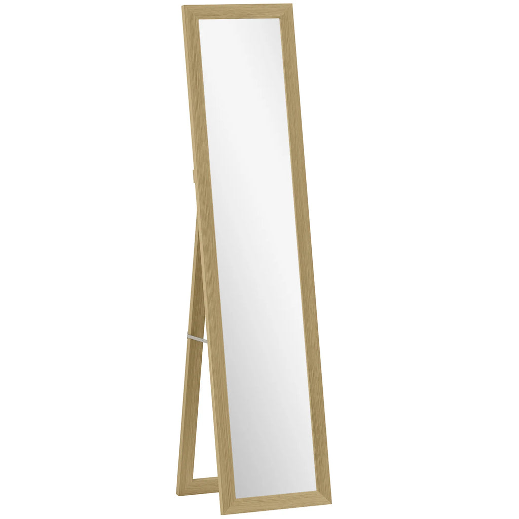 Pastatomas viso ūgio veidrodis su rėmu ir atrama, sieninis miegamojo veidrodis, MDF ir stiklas, 37x157 cm, ąžuolo spalva