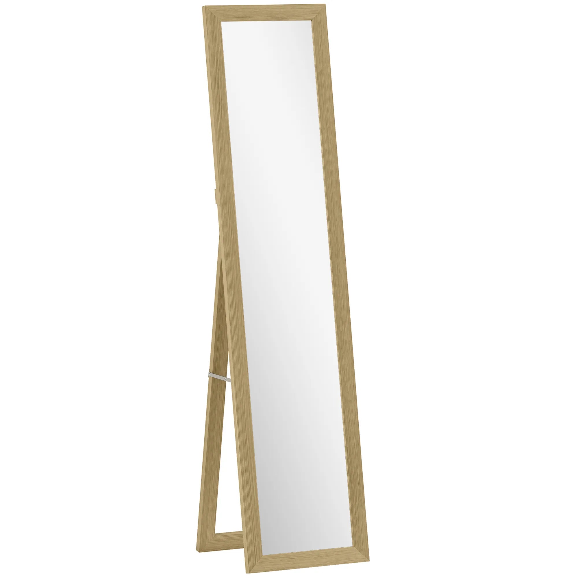 Pastatomas viso ūgio veidrodis su rėmu ir atrama, sieninis miegamojo veidrodis, MDF ir stiklas, 37x157 cm, ąžuolo spalva