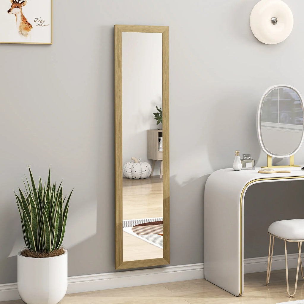 Pastatomas viso ūgio veidrodis su rėmu ir atrama, sieninis miegamojo veidrodis, MDF ir stiklas, 37x157 cm, ąžuolo spalva