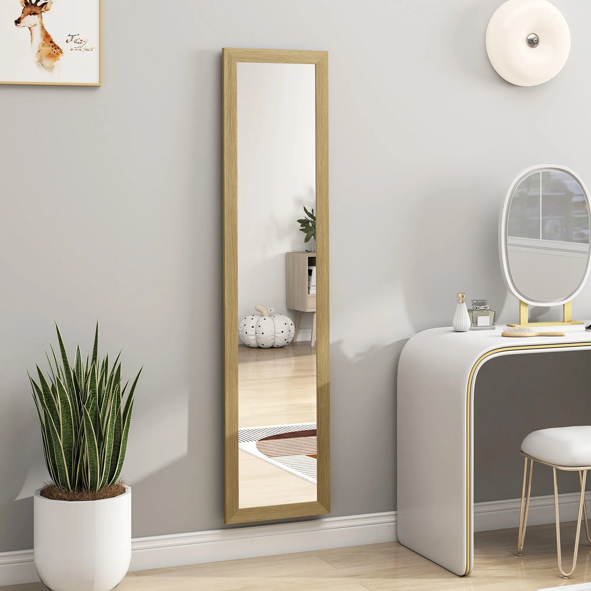 Pastatomas viso ūgio veidrodis su rėmu ir atrama, sieninis miegamojo veidrodis, MDF ir stiklas, 37x157 cm, ąžuolo spalva