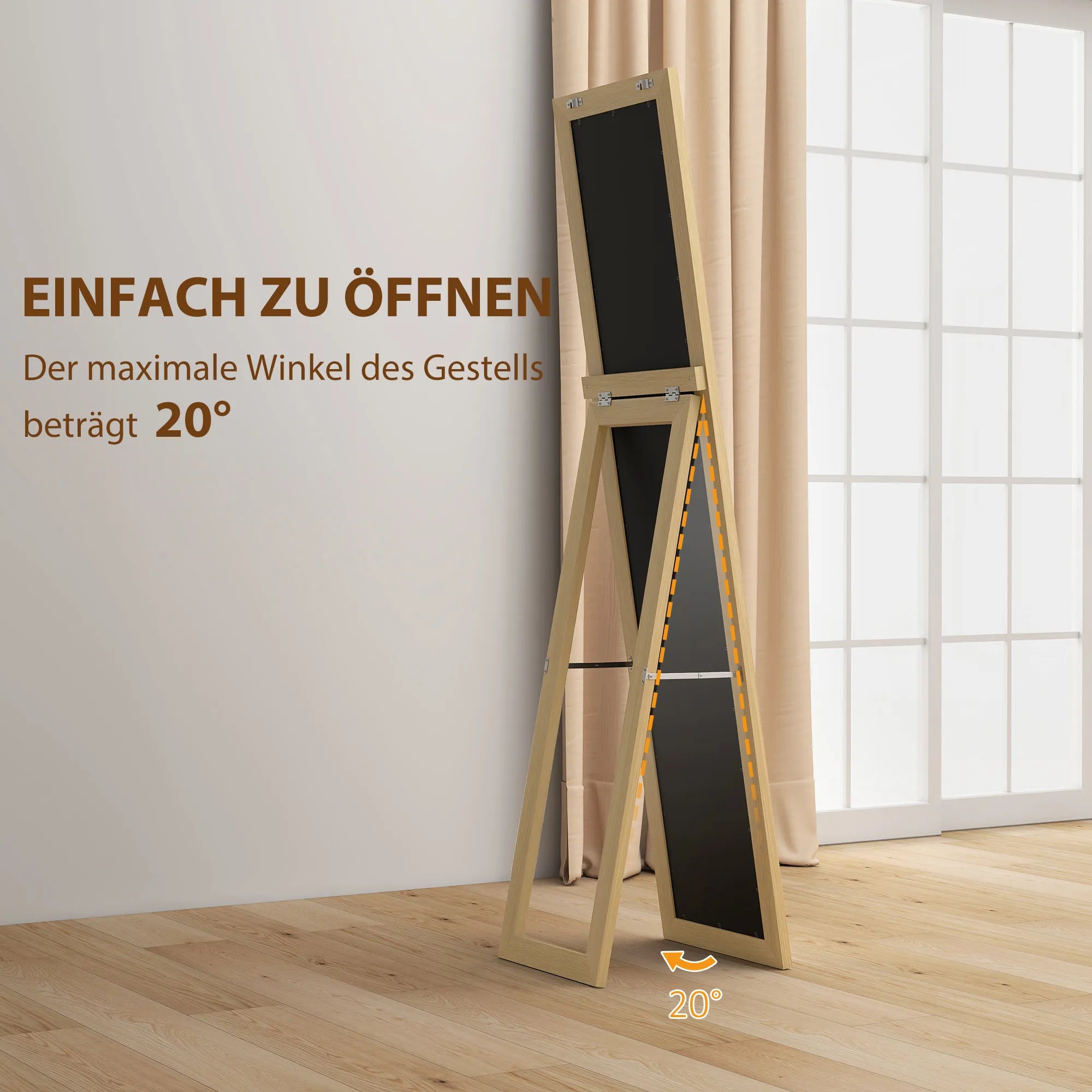 Pastatomas viso ūgio veidrodis su rėmu ir atrama, sieninis miegamojo veidrodis, MDF ir stiklas, 37x157 cm, ąžuolo spalva