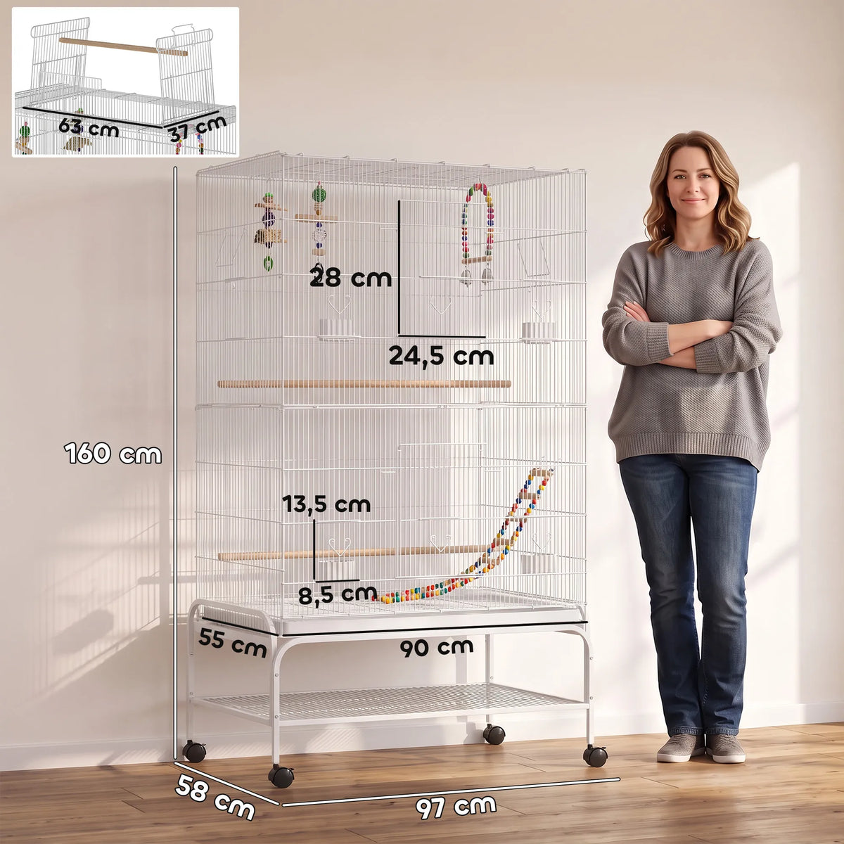 Schema su moters figūra, rodanti narvo matmenis: 160 cm aukštis, 97 cm plotis