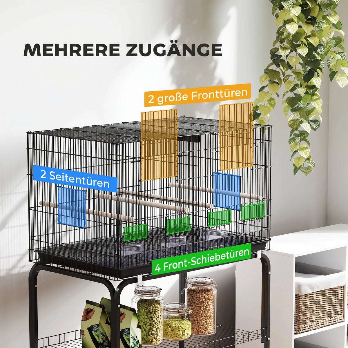 Paukščių narvas-voljeras su ratukais, 2 durelėmis, 4 laktomis, 76 × 46 × 116 cm, juodas
