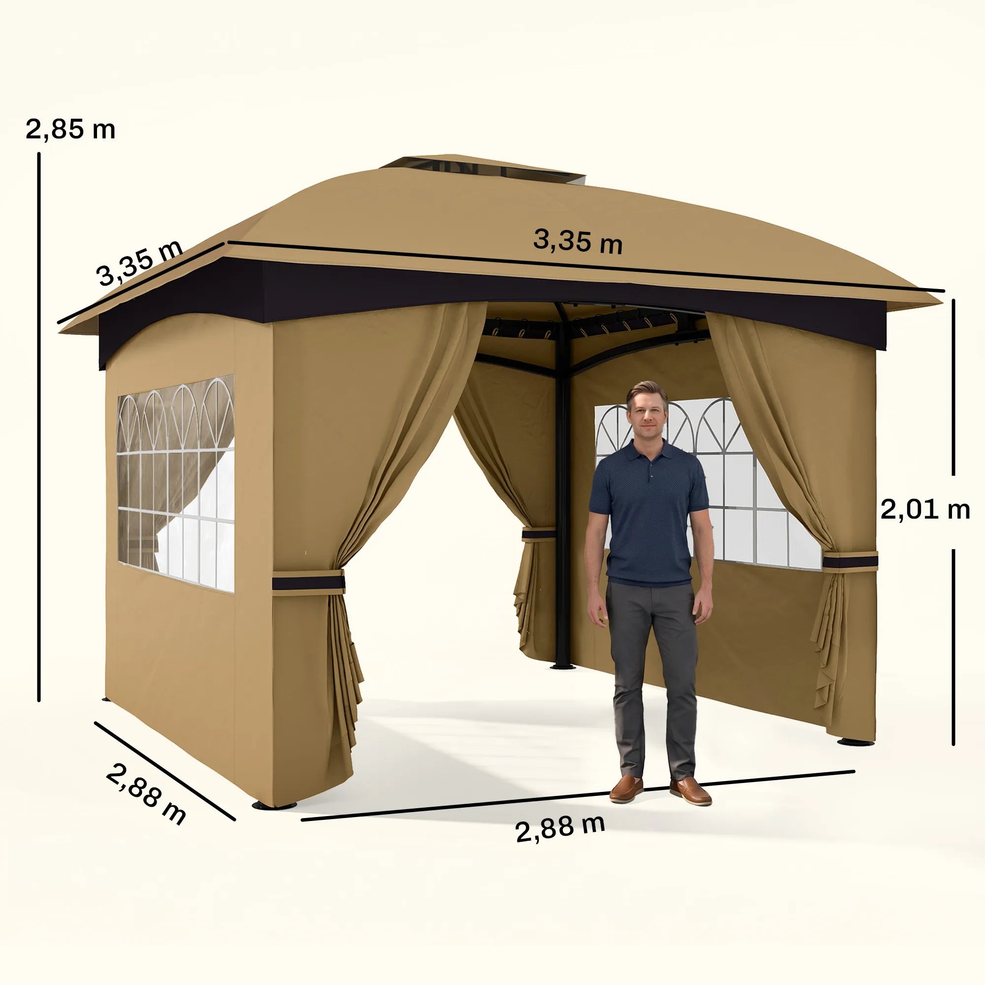 Pavėsinė 3,35 x 3,35 m su ventiliaciniu stogu ir arka formos langais, smėlio