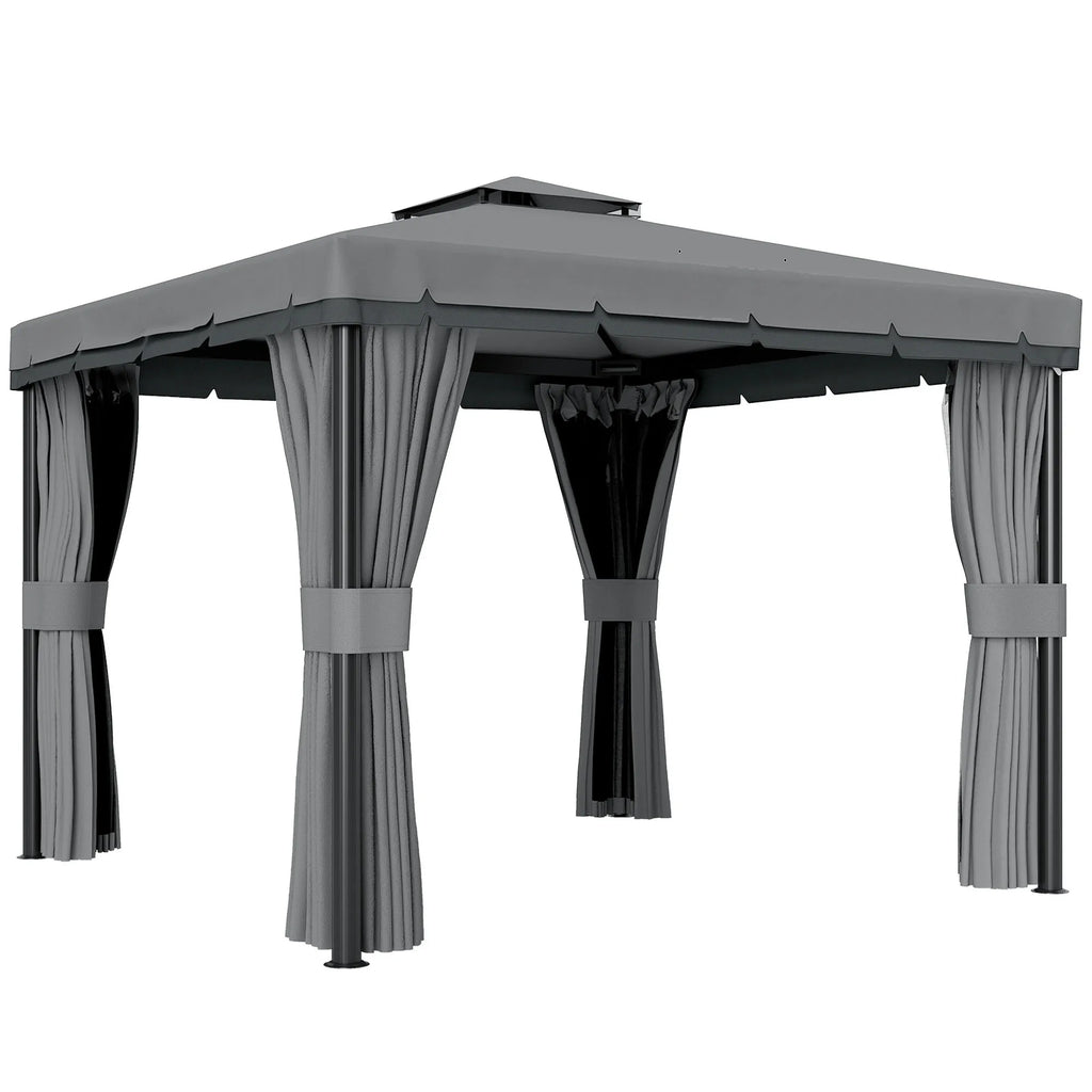 Pavėsinė, 3x3 m su dvigubu stogu ir tinklais nuo uodų, poliesteris ir metalas, 300x300x270 cm, pilka
