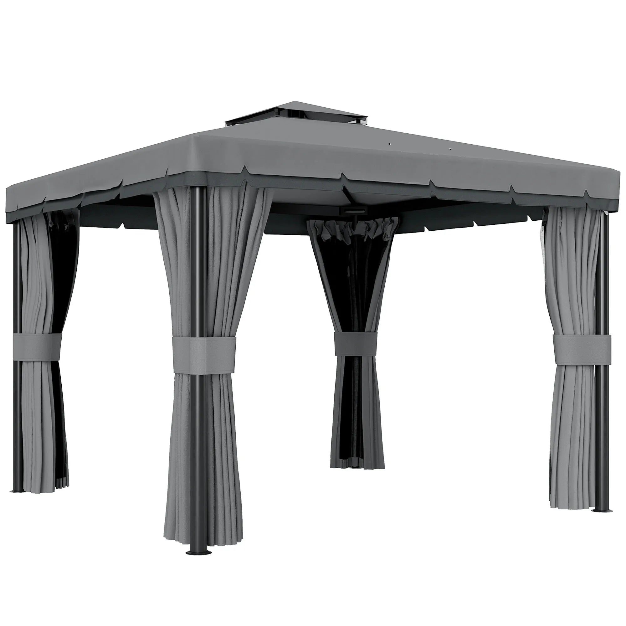 Pavėsinė, 3x3 m su dvigubu stogu ir tinklais nuo uodų, poliesteris ir metalas, 300x300x270 cm, pilka