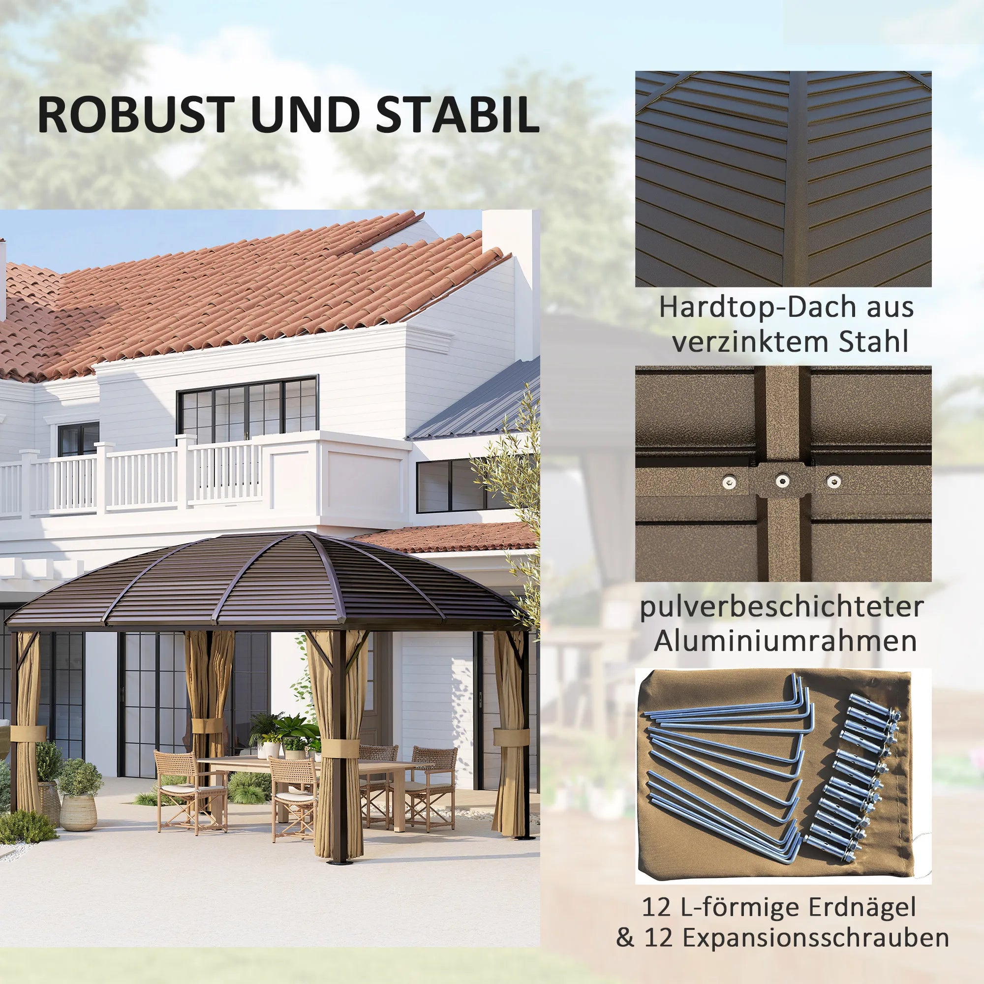 Pavėsinė su plieniniu stogu, 4 x 3 m, ruda