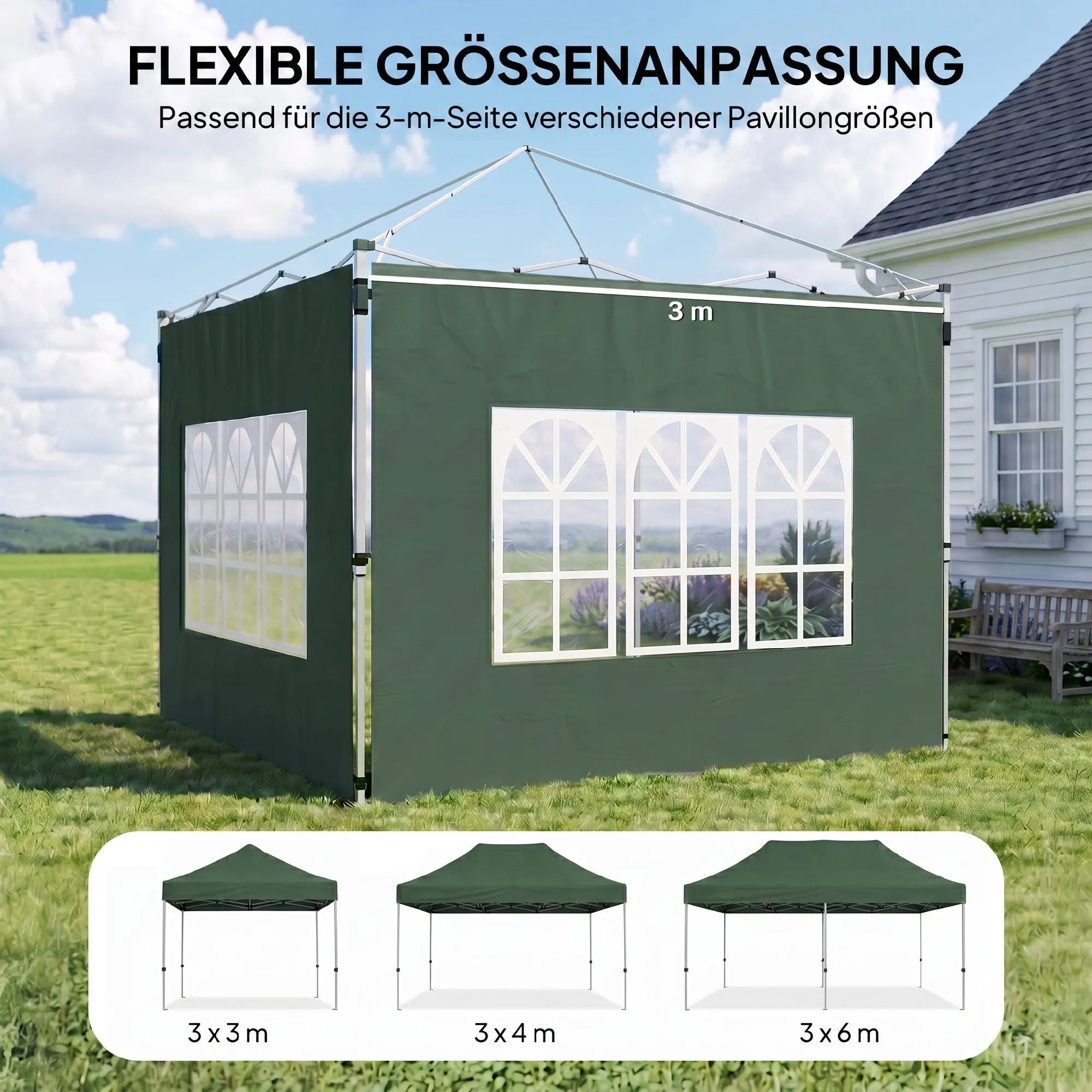 Pavėsinės sienelės 3x3/3x4 m, 2 vnt., su langais, žalios